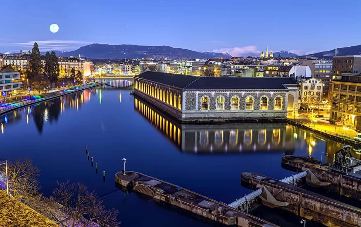 Geneva, cathedral tower and Rhone river